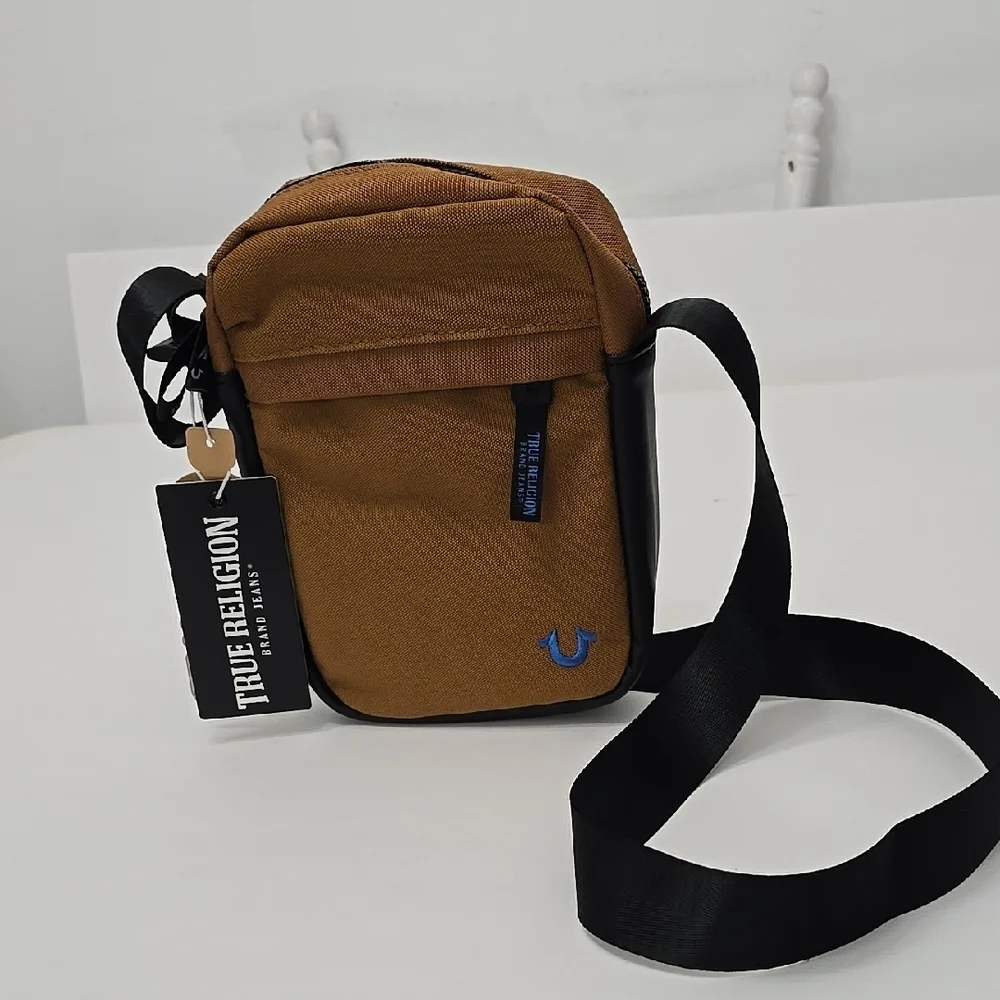 NWT True Religion Crossbody Canvas Logo Bag Strap Tan Black Jiny MAX